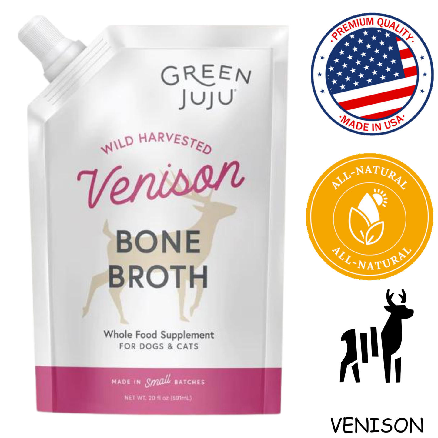 Green Juju Venison Bone Broth for Dogs in a 20 oz pouch, all-natural whole food supplement