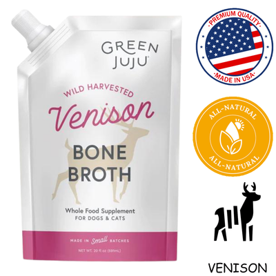 Green Juju Venison Bone Broth for Dogs in a 20 oz pouch, all-natural whole food supplement
