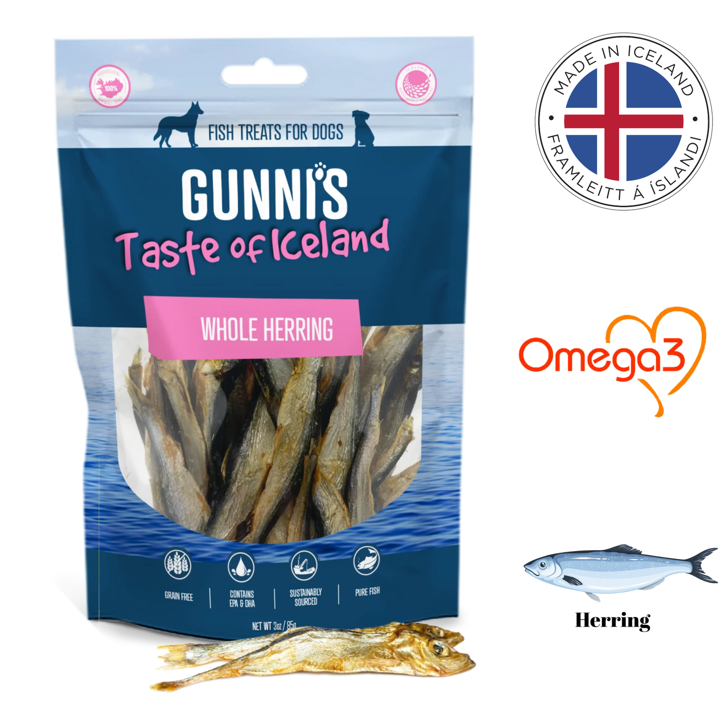 Gunni Iceland Whole Herring Dog Treats in a resealable bag rich in Omega-3 for healthy pets