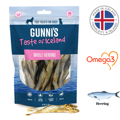 Gunni Iceland Whole Herring Dog Treats in a resealable bag rich in Omega-3 for healthy pets