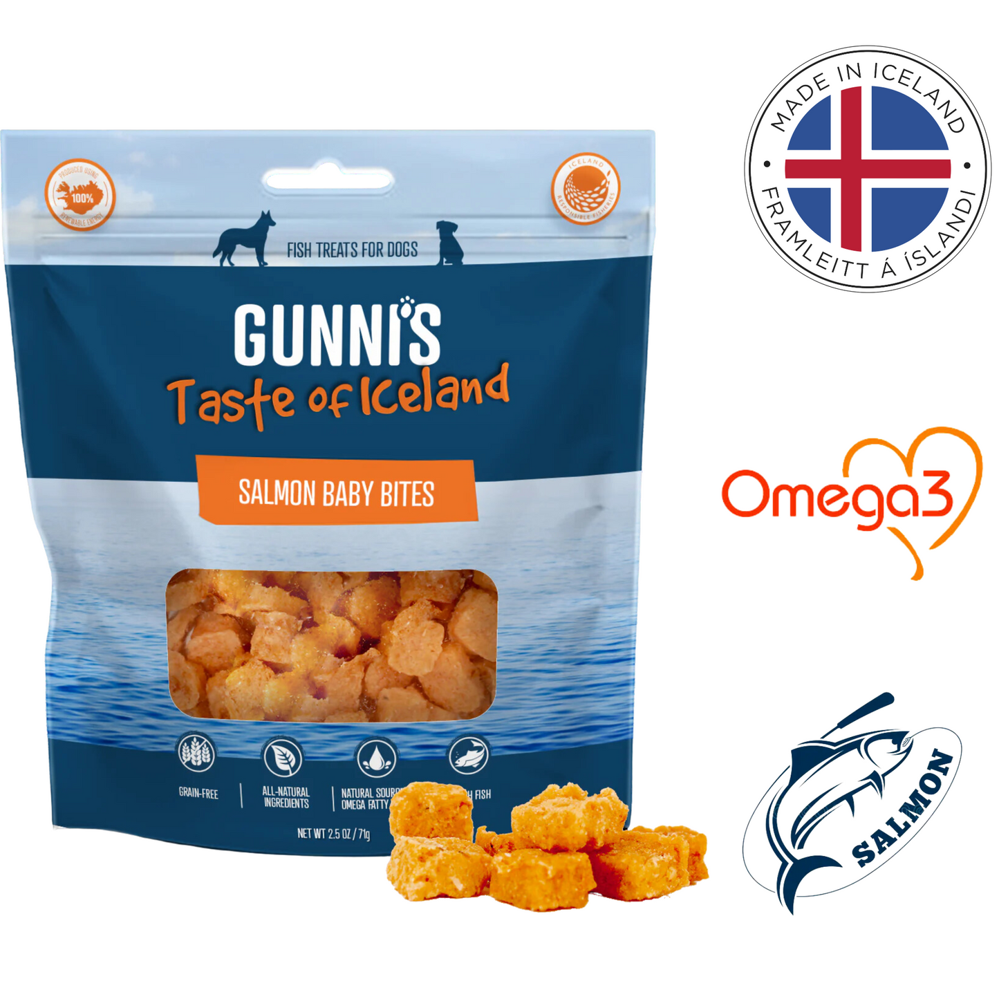 Gunnis Icelandic salmon baby bites dog treats in resealable blue pouch with visible treats and omega 3 benefits