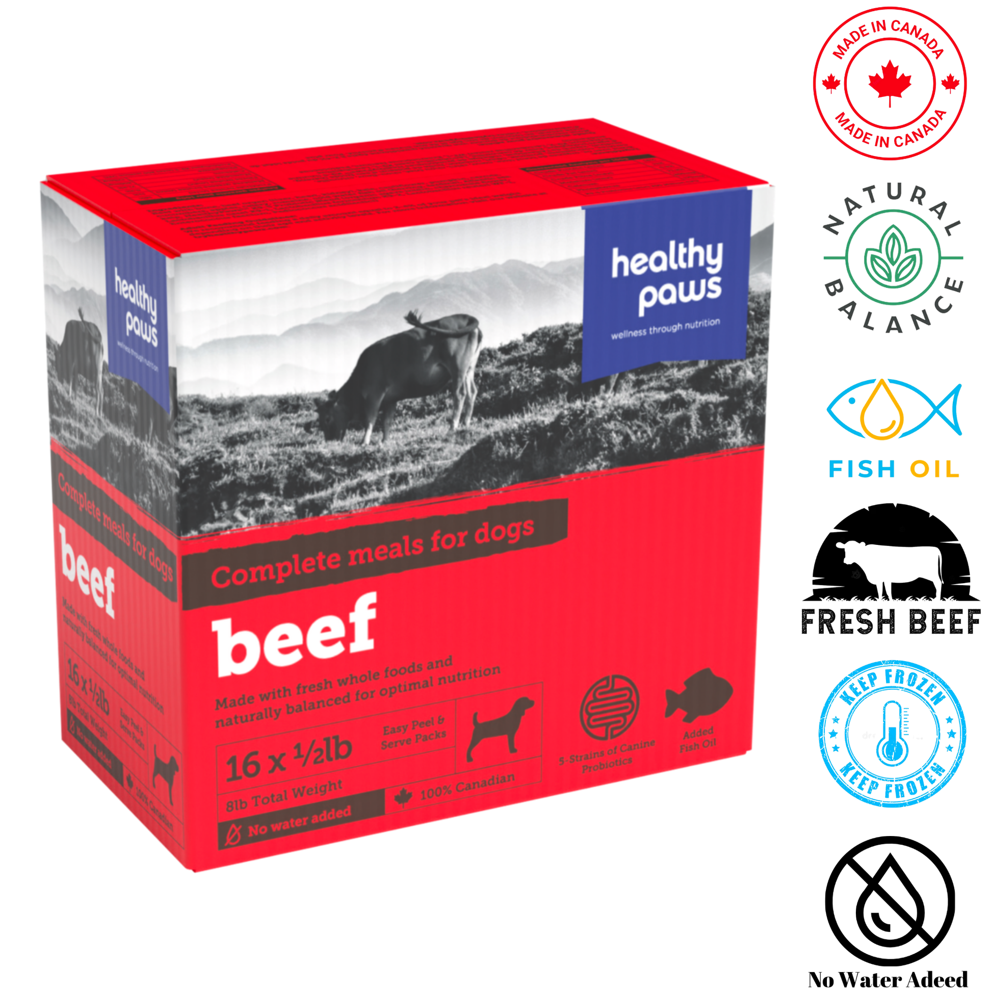 Healthy Paws canine complete dinner beef dog food in a 16-pack box featuring fresh ingredients