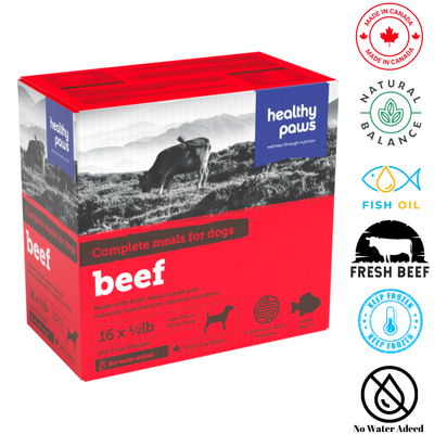 Healthy Paws canine complete dinner beef dog food in a 16-pack box featuring fresh ingredients