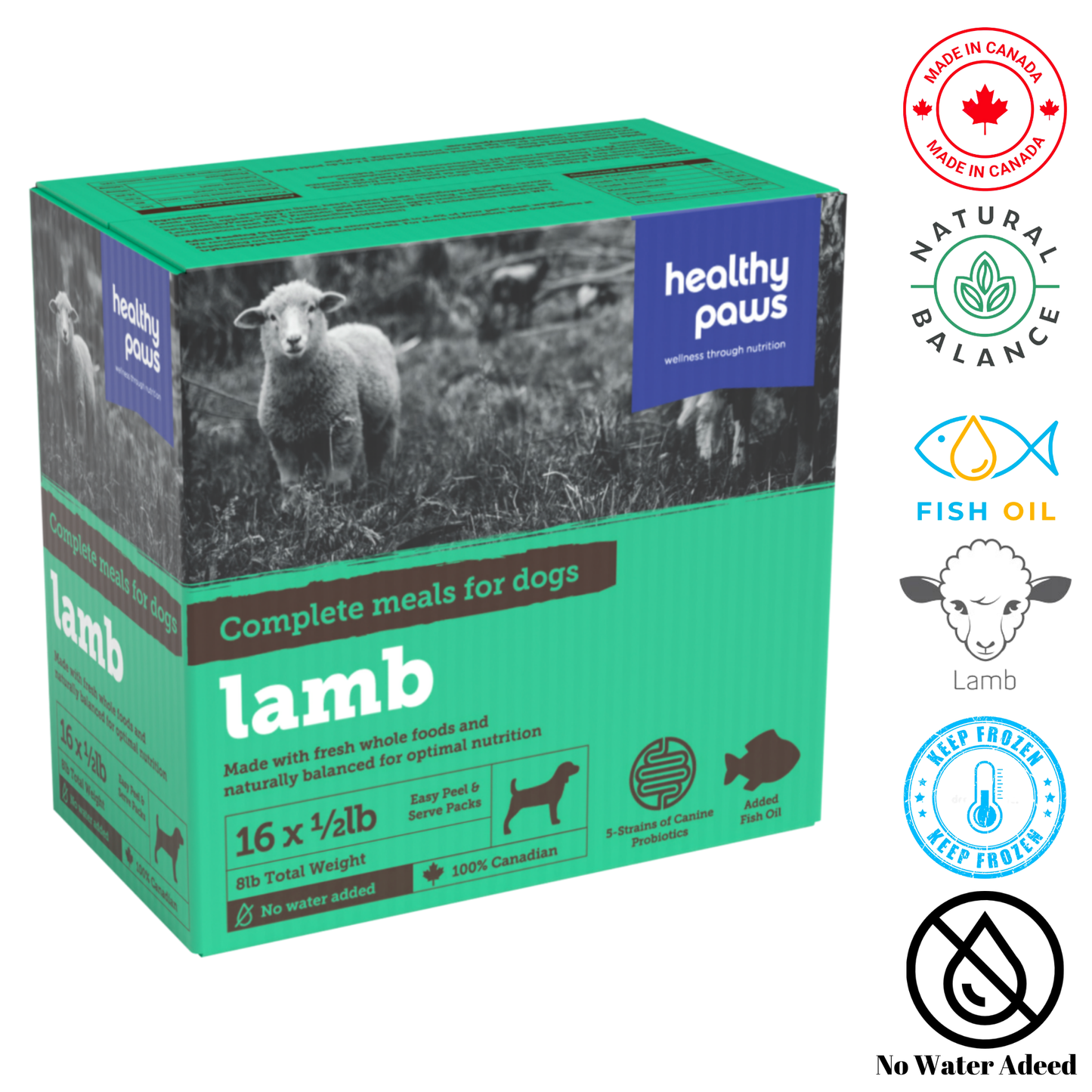 Healthy Paws Canine Complete Dinner Lamb, 16 packs of 0.5 lb raw food for dogs with natural ingredients