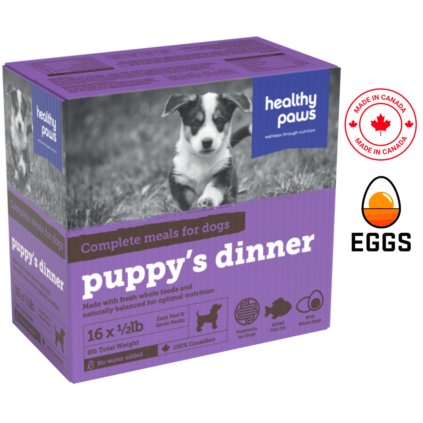 Healthy Paws Canine Complete Puppy Dinner in a 16-pack box, made with fresh whole foods