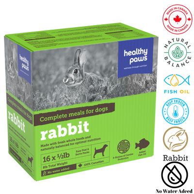 Healthy Paws canine rabbit meal in a 16-pack, made with whole foods for optimal dog nutrition