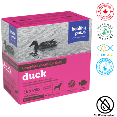 Healthy Paws duck canine dinner in packaging featuring a duck and natural ingredients for dog nutrition