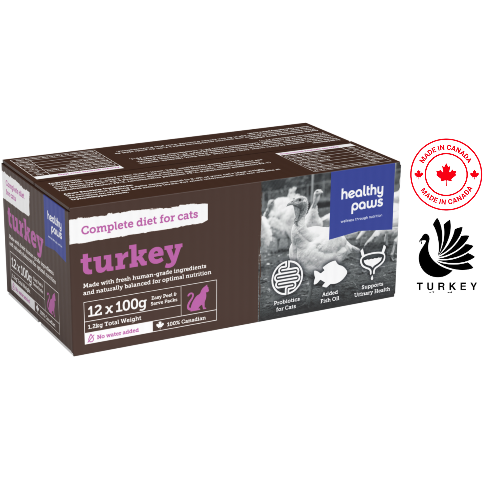Healthy Paws feline complete turkey meal cat raw food 12 pack with probiotics and added fish oil