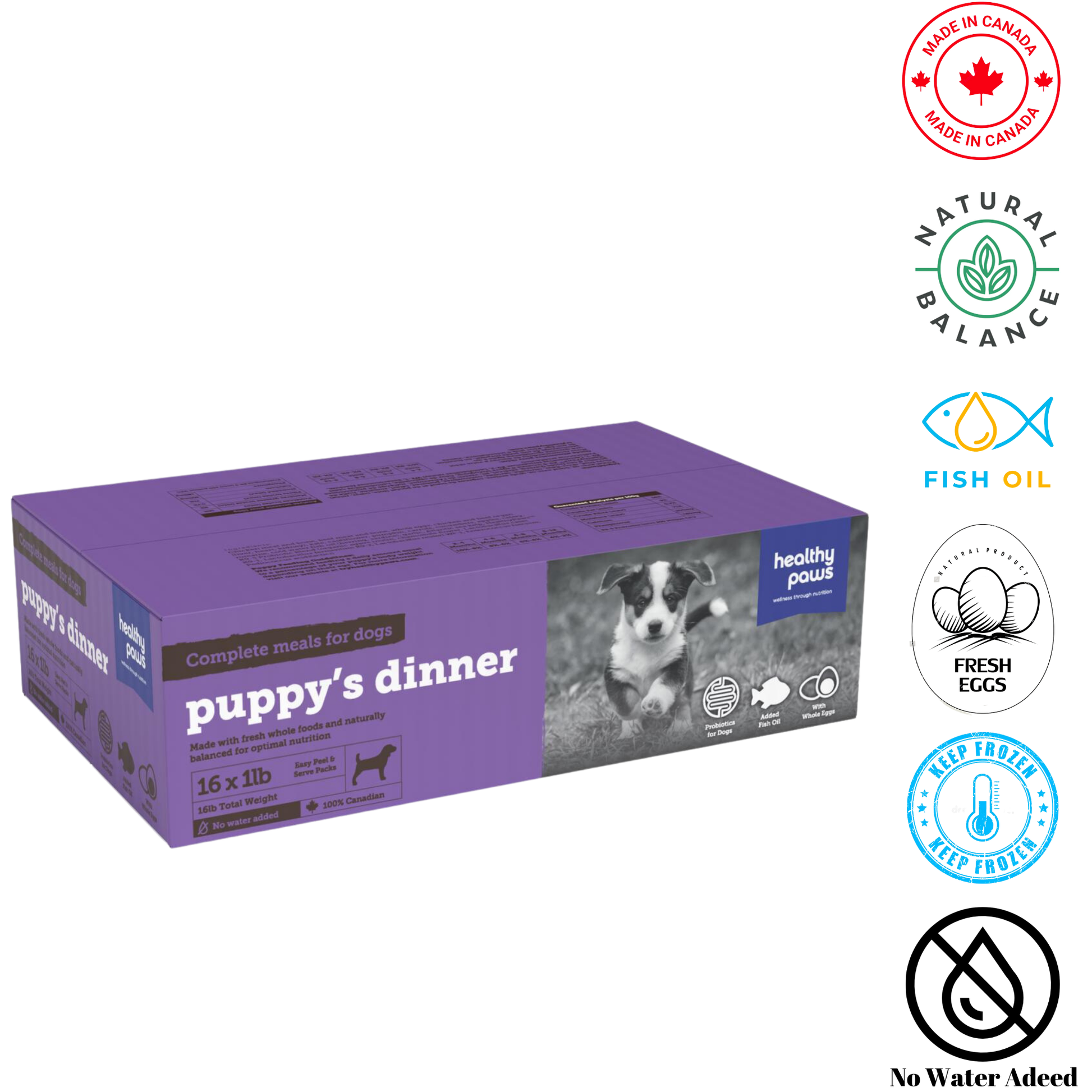 Healthy Paws puppy dinner food box with natural raw ingredients for puppies