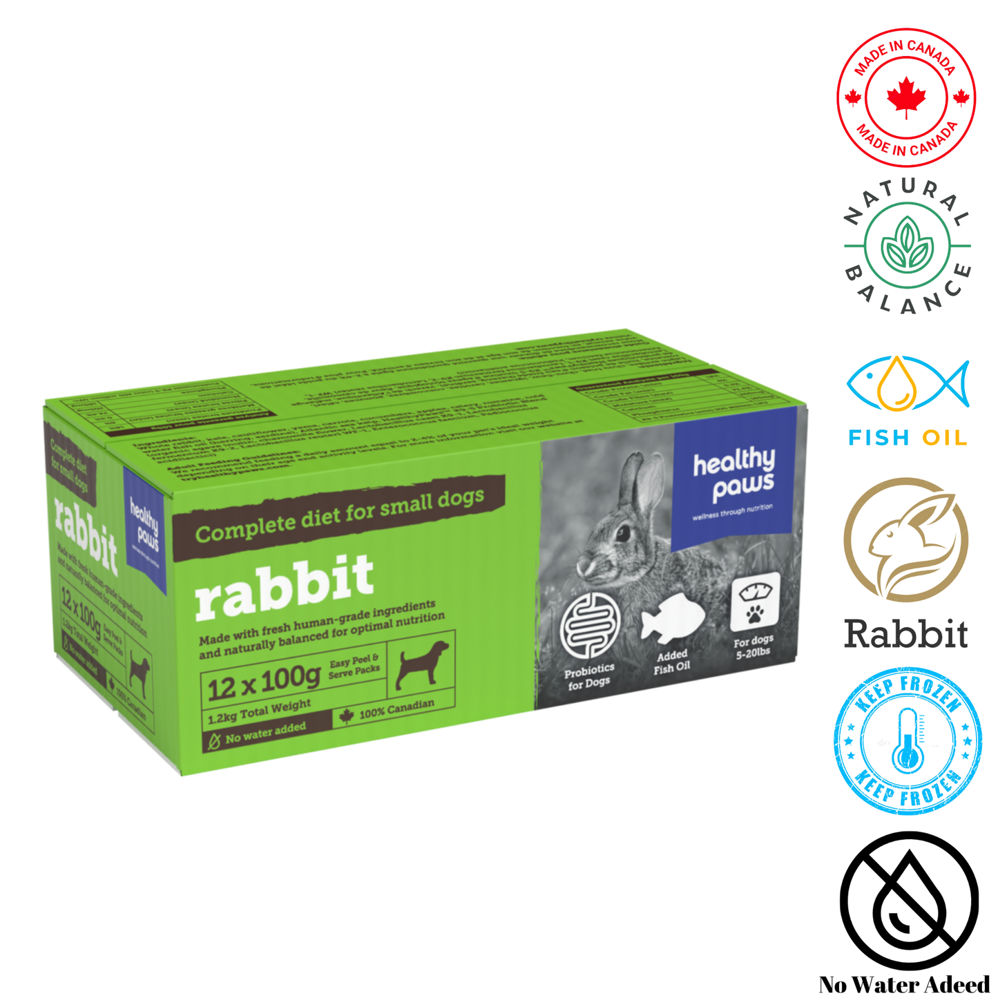 Healthy Paws Rabbit Dog Food for small breeds in a pack of 12, made with fresh rabbit meat.