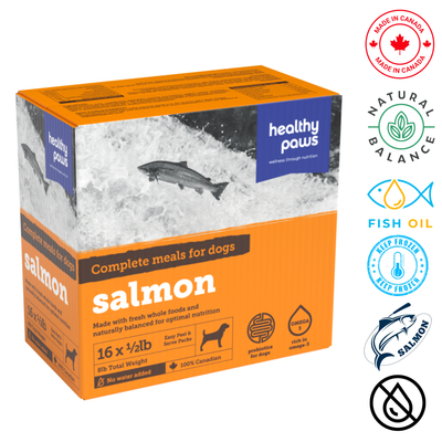 Healthy Paws Salmon Canine Complete Dinner in convenient packaging for balanced dog nutrition
