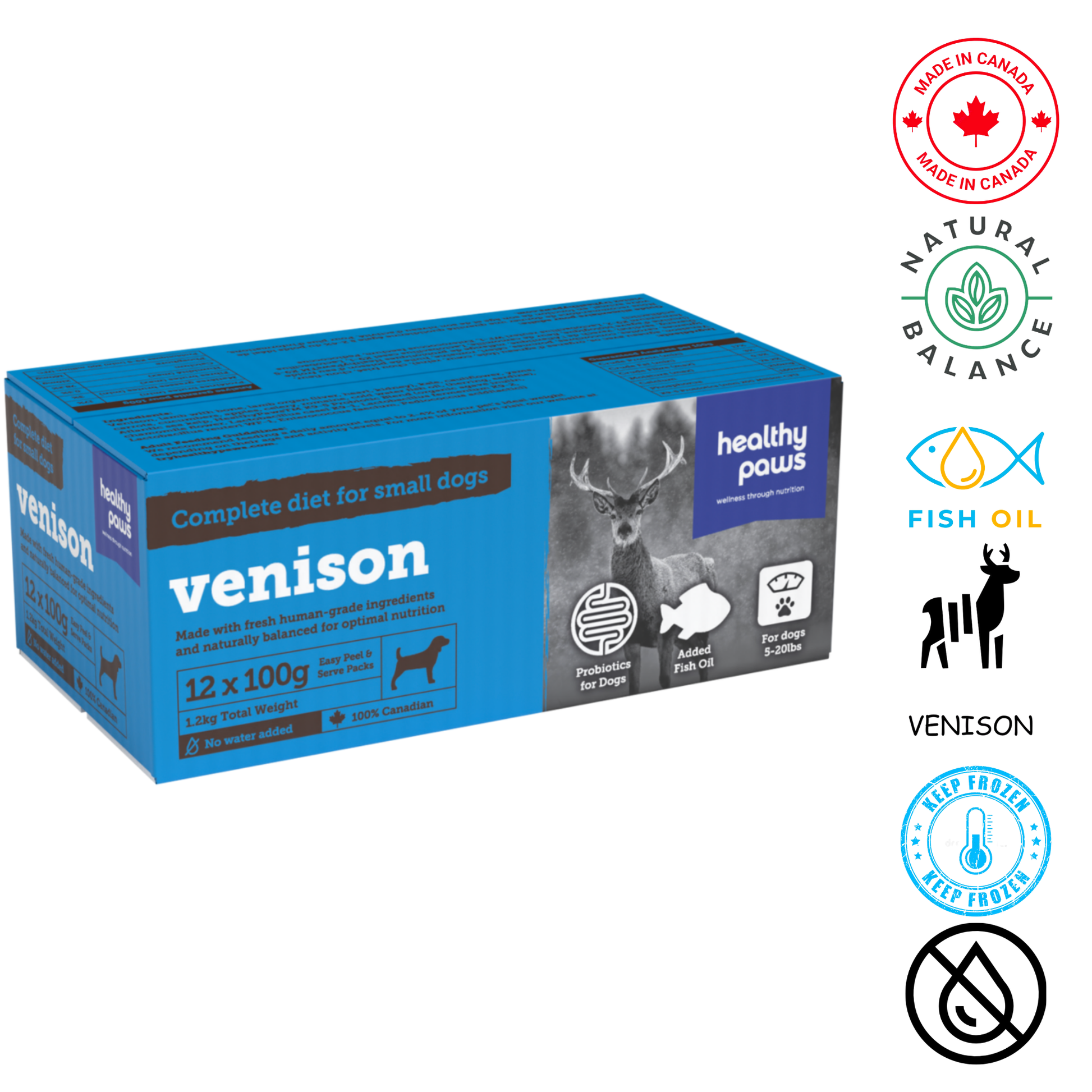 Healthy Paws small breed venison dog food raw diet box with fish oil and probiotics