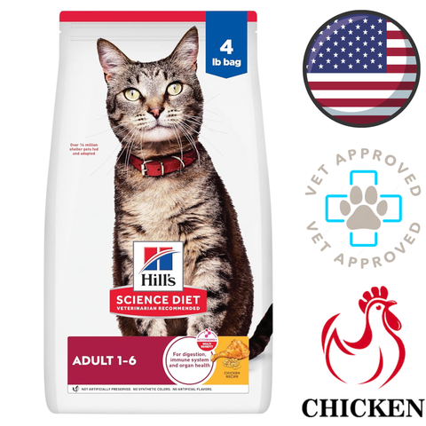 Bag of Hills Science Diet Adult 1 6 digestive health cat food chicken 4 lb with tabby cat and vet approved icons