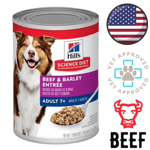Hills Science Diet Beef and Barley adult 7 plus wet can with beef image and vet approved badge grain inclusive senior dog food