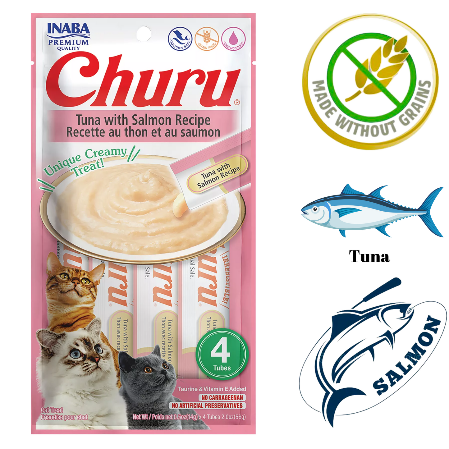 Inaba Churu tuna with salmon creamy 4 tube pack with cat photos soft lickable cat treats