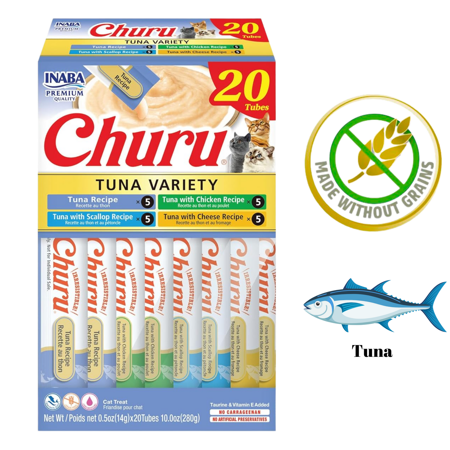 Inaba Churu Tuna Variety 20 pack cat treat tubes and box showing individual tubes healthy cat snacks with real tuna