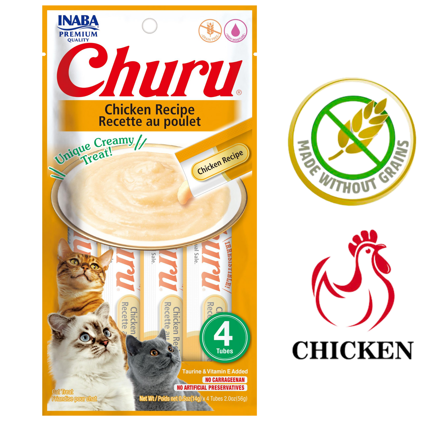 Inaba Churu chicken recipe 4 tube pack with three cats, grain free badge, high quality chicken cat snacks