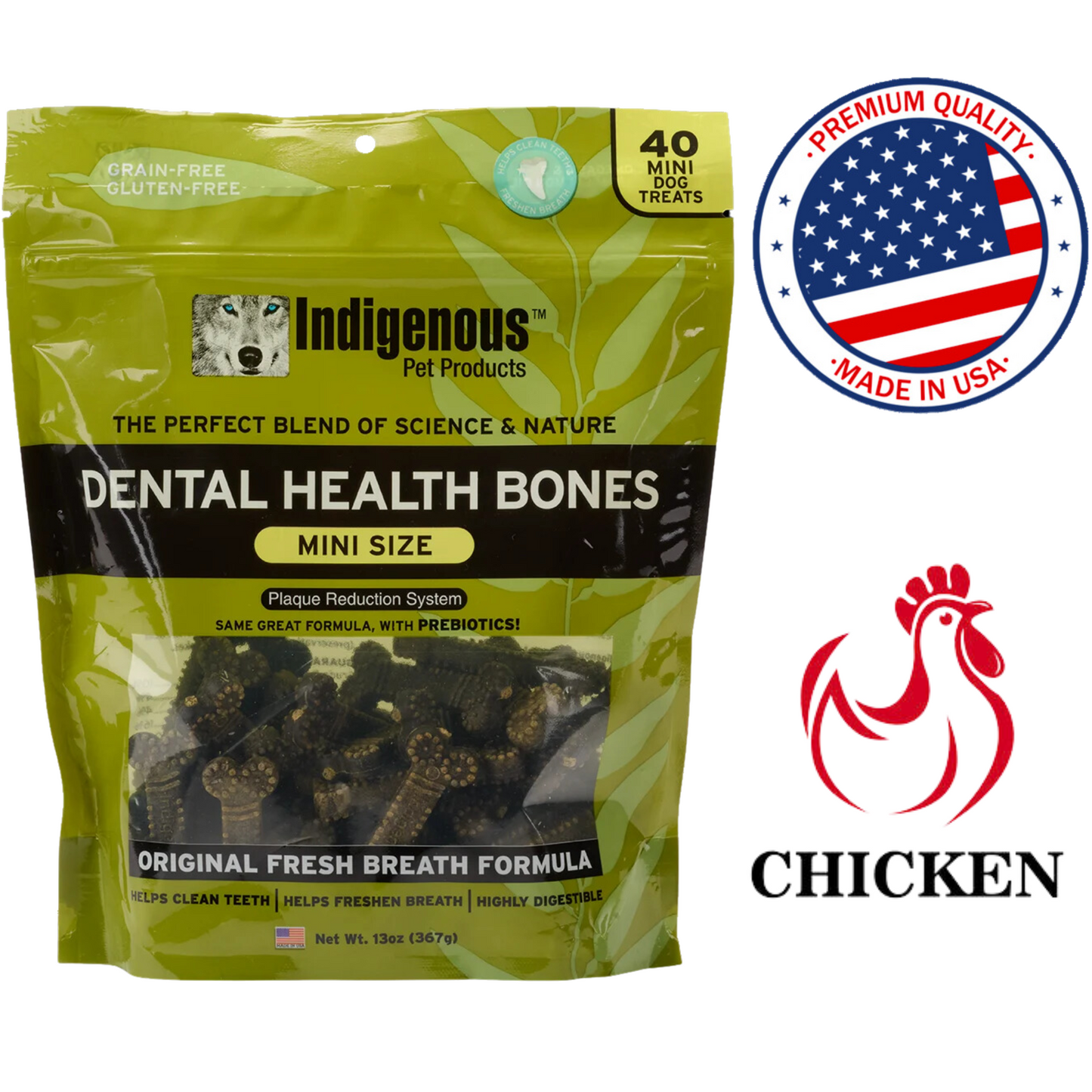 Indigenous mini dental health bones for dogs in a green bag, promoting fresh breath and clean teeth