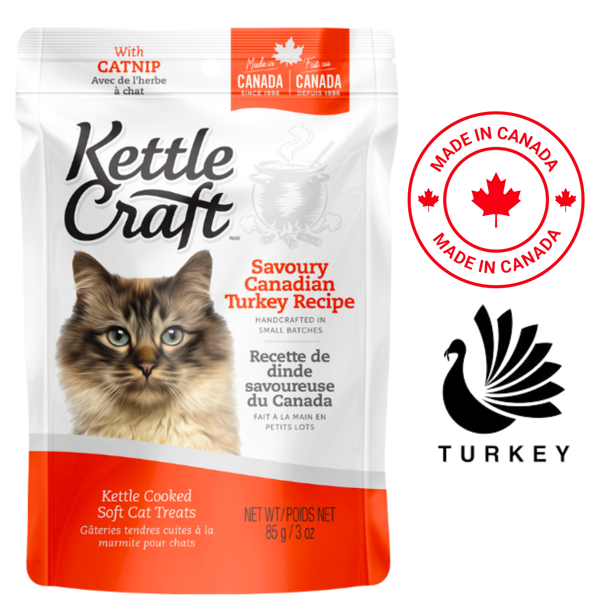 Kettle Craft turkey cat treats package with catnip featuring Savoury Canadian Turkey Recipe 85g pouch