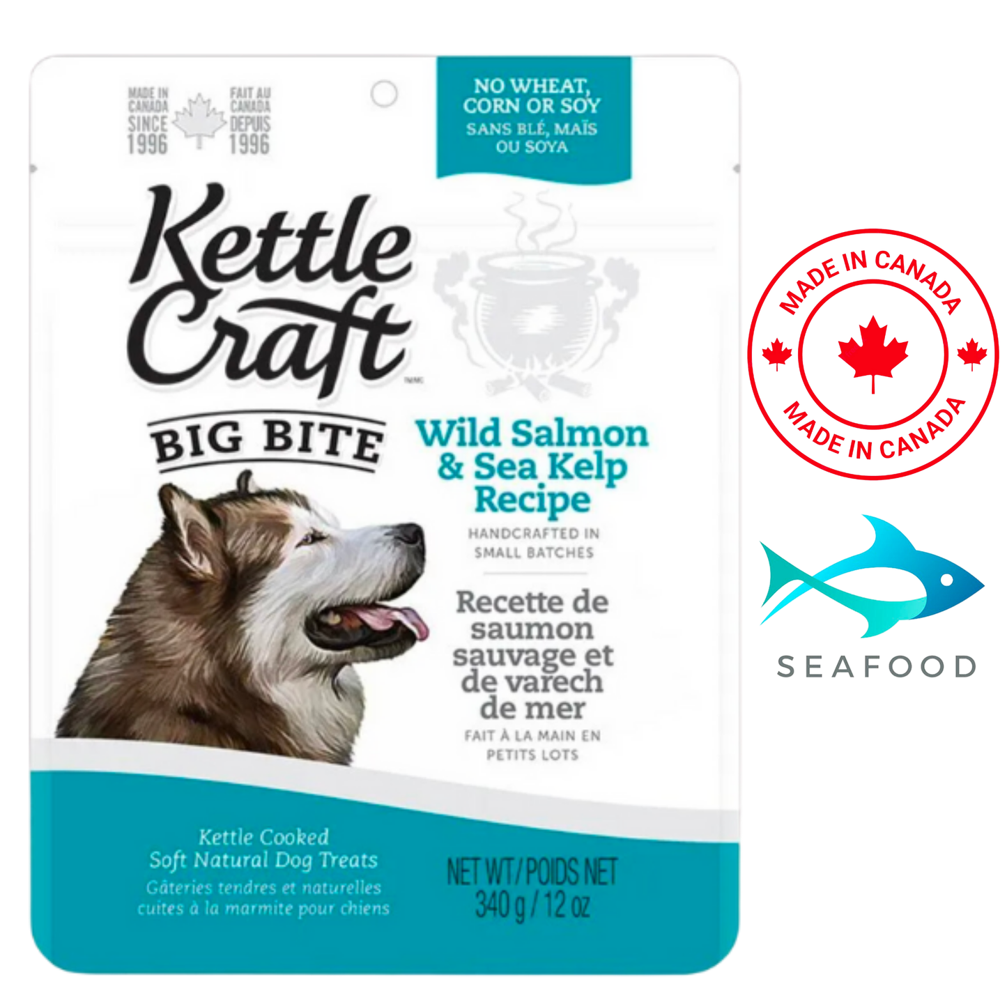 Kettle craft wild salmon kelp dog treats pouch with husky image and no wheat corn or soy label