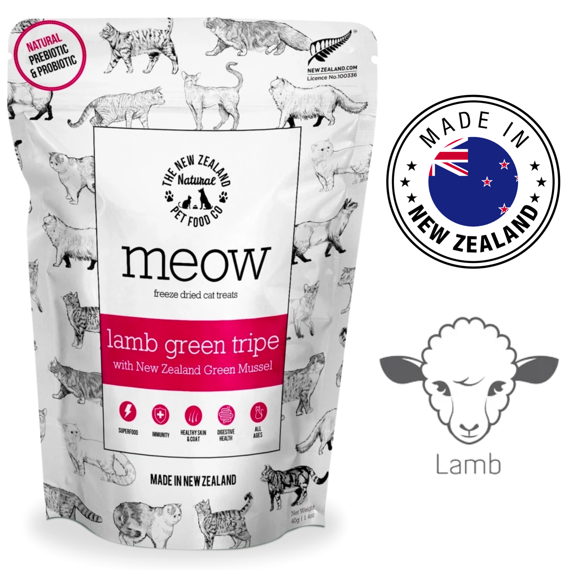 NZPF lamb green tripe cat treats package featuring a natural design and made in New Zealand