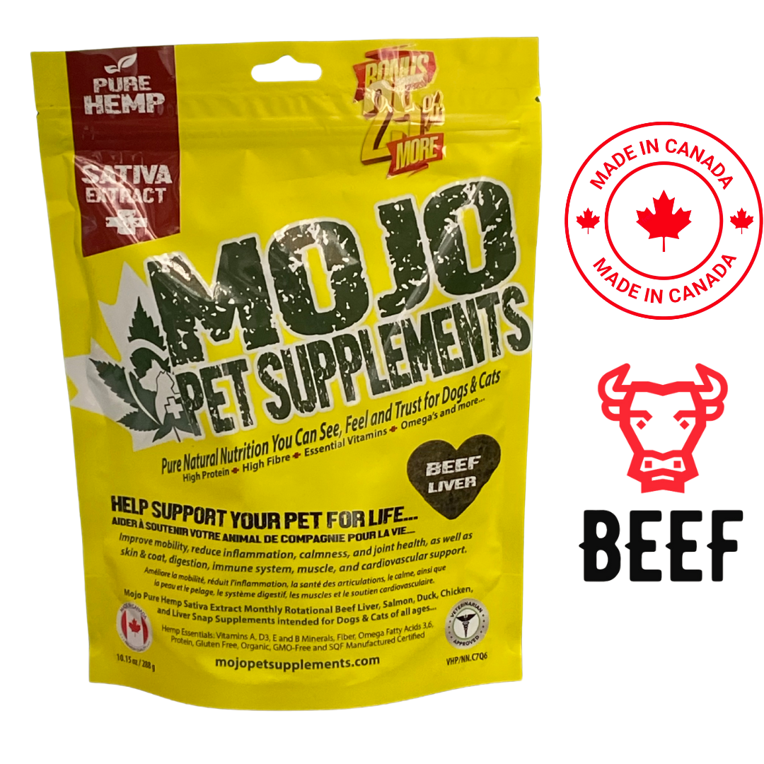 MOJO Pet Supplements hemp beef liver dog treats package featuring pure hemp nutrition for pets