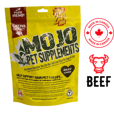 MOJO Pet Supplements hemp beef liver dog treats package featuring pure hemp nutrition for pets