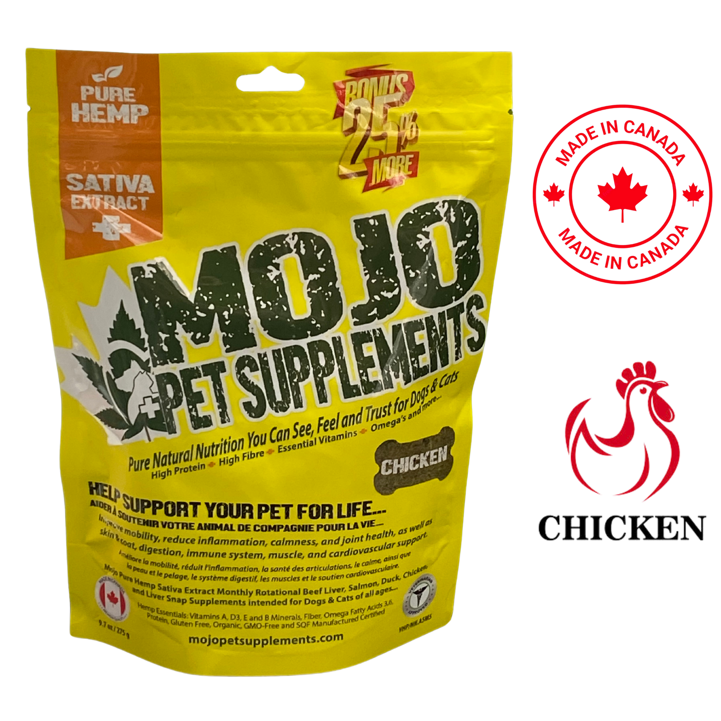 MOJO Pet Supplements Chicken Flavor Hemp Dog Supplements in a resealable bag for dogs and cats