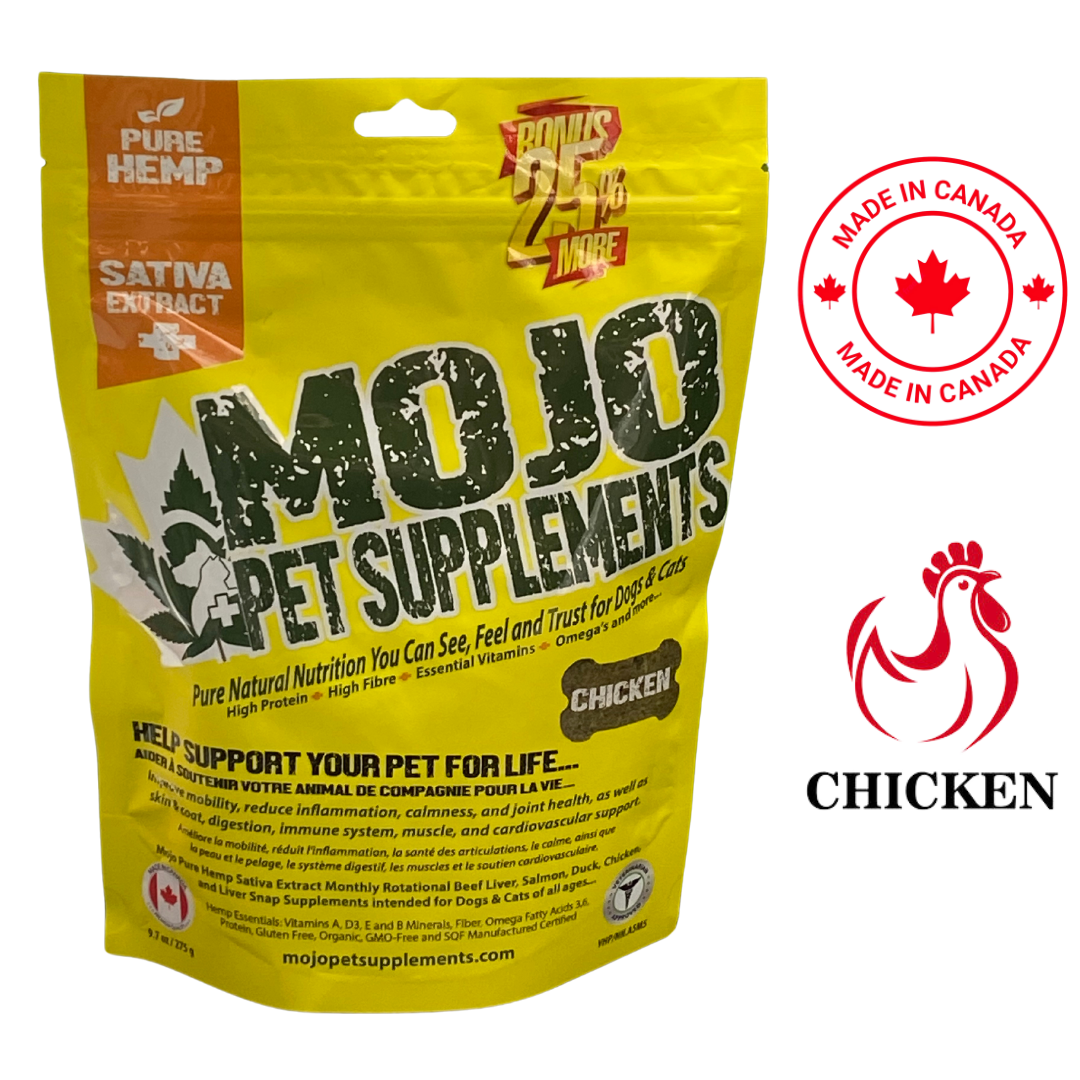 MOJO Pet Supplements Chicken Flavor Hemp Dog Supplements in a resealable bag for pets