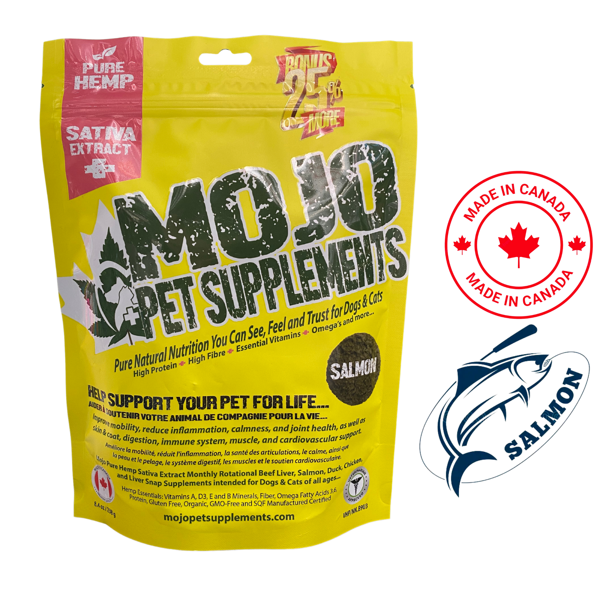 MOJO Pet Supplements hemp salmon pet treats yellow resealable bag with natural nutrition for dogs and cats