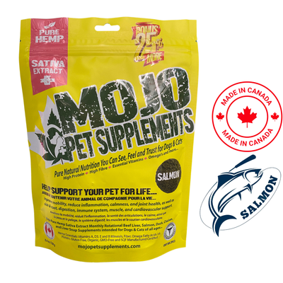 MOJO Pet Supplements hemp salmon pet treats yellow resealable bag with natural nutrition for dogs and cats