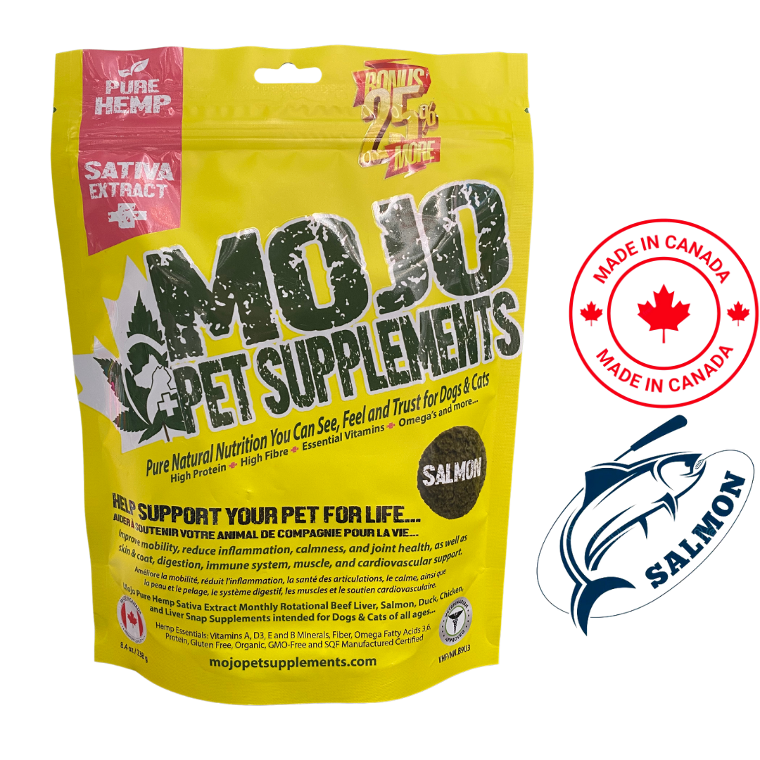 MOJO Pet Supplements hemp salmon pet treats pouch with natural nutrition for dogs and cats