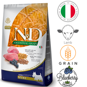 Farmina N&D Ancestral Grain Dry Dog Food with Lamb and Blueberries for Mini Adult Dogs