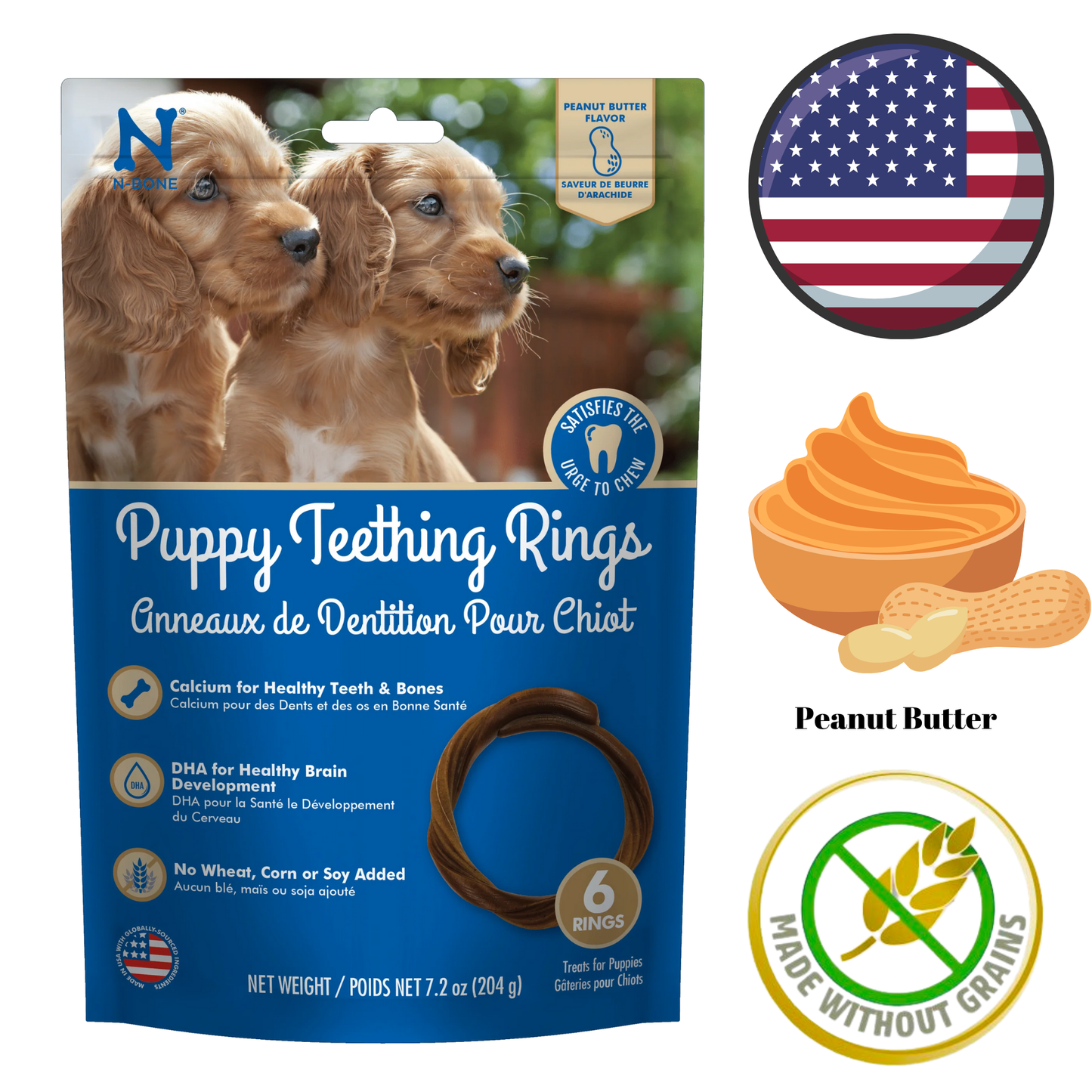 NPIC Peanut Butter Dog Treats in a resealable bag with puppy teething rings and peanut butter flavor