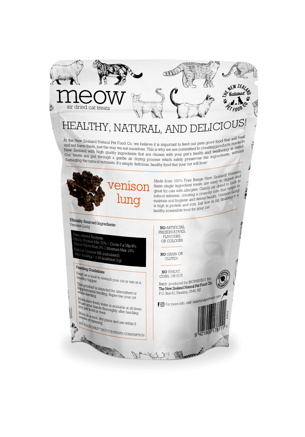 The New Zealand Pet Food Co venison lung cat treats pack labeled nzpf venison lung cat treats