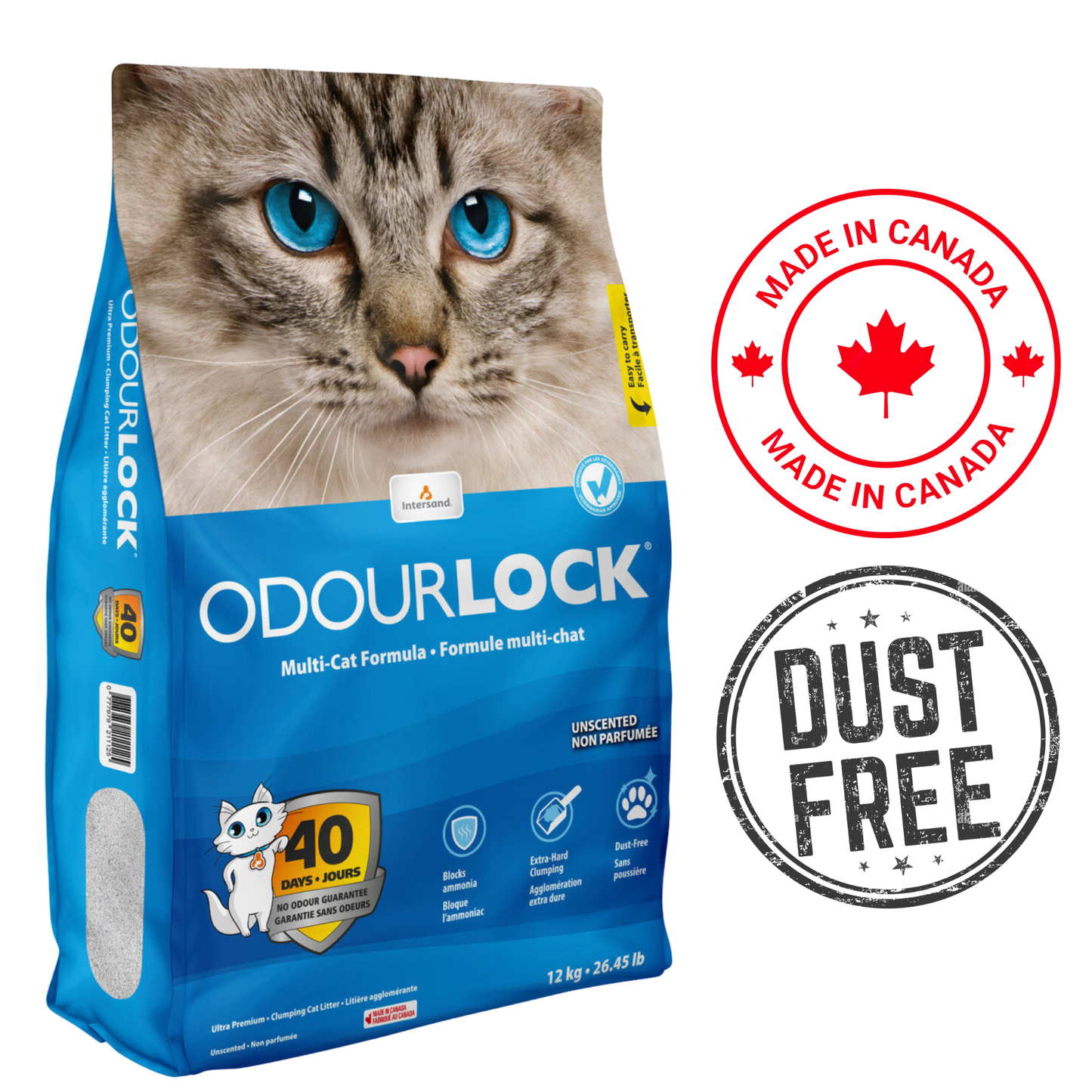 OdourLock Unscented Clumping Cat Litter in a 12kg bag, designed for multiple cats and is dust free