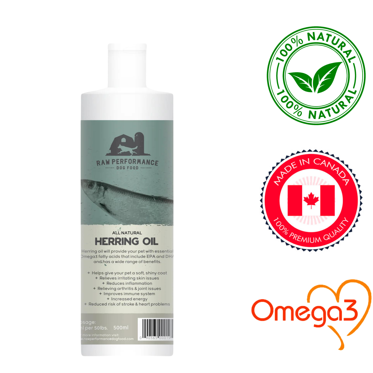 Raw Performance Herring Oil for dogs in a 500ml bottle, promoting shiny coats and healthy skin