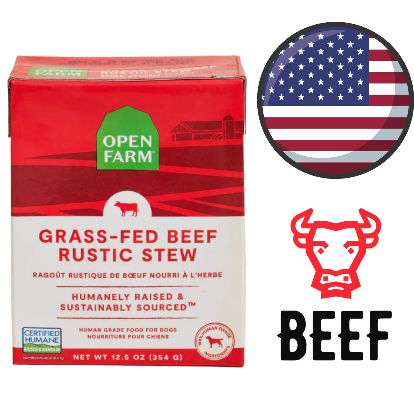 Open Farm beef rustic stew dog food box with grass-fed beef label and humane certification