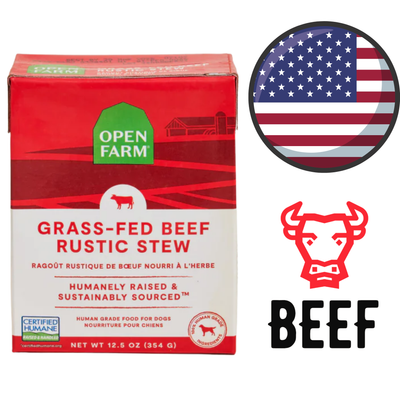 Open Farm beef rustic stew dog food box with grass-fed beef label and humane certification