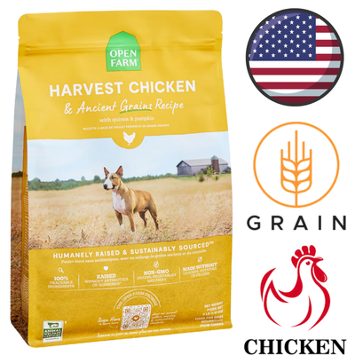 Open Farm chicken ancient grain dog food bag with a dog on a field and sustainable sourcing icons