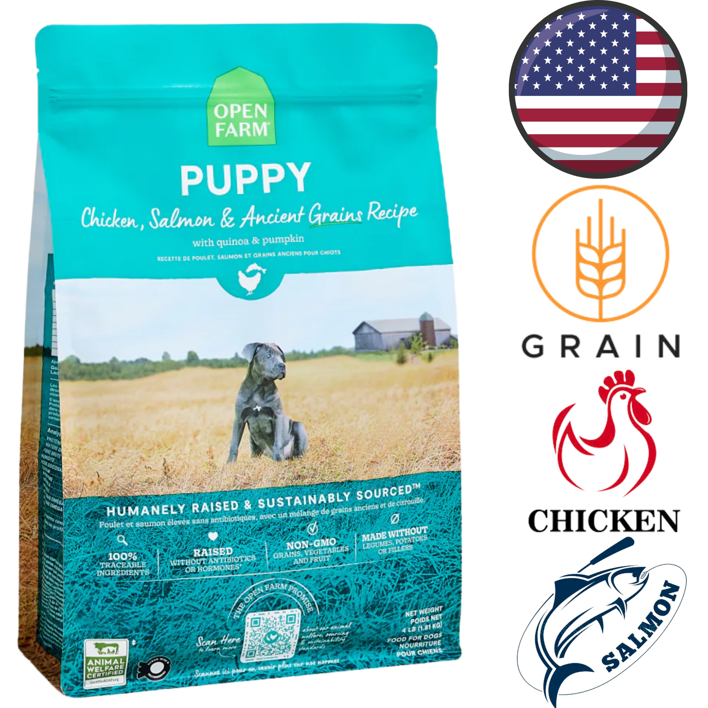 Open farm chicken and salmon dry puppy food bag with sustainable ingredients and natural recipe