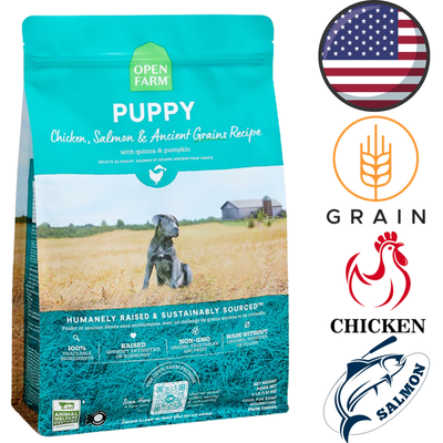 Open farm chicken and salmon dry puppy food bag with sustainable ingredients and natural recipe