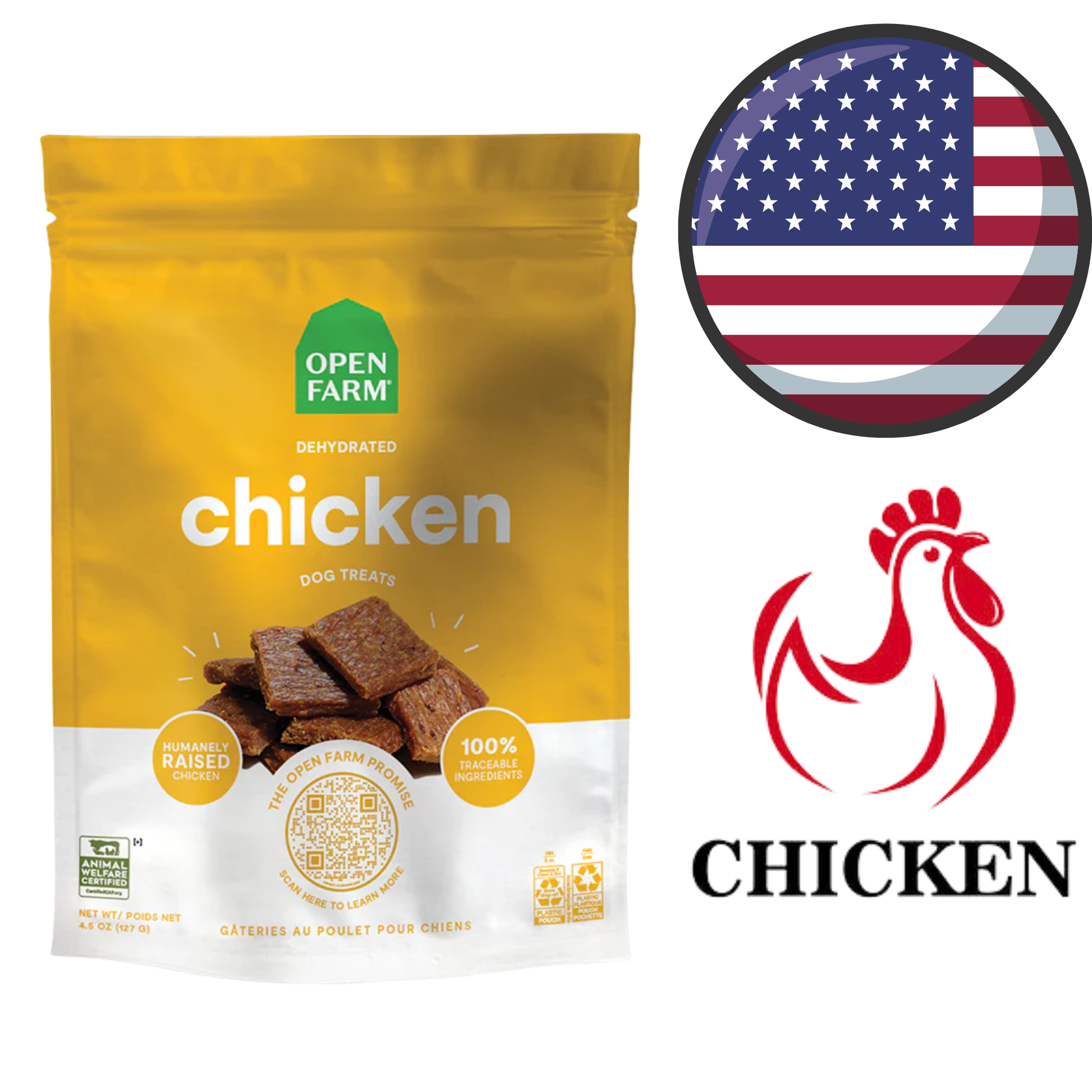 Open Farm dehydrated chicken dog treats in yellow resealable bag with chicken icon and American flag