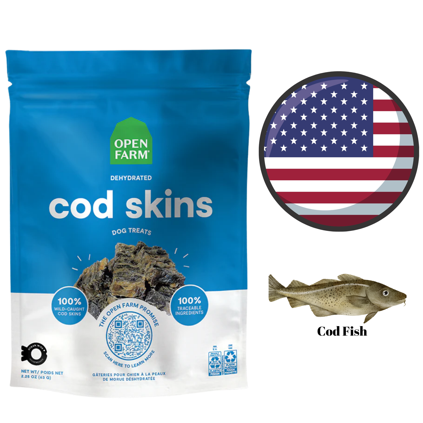 Open farm dehydrated cod skins dog treats in resealable blue and white bag with cod fish and USA flag
