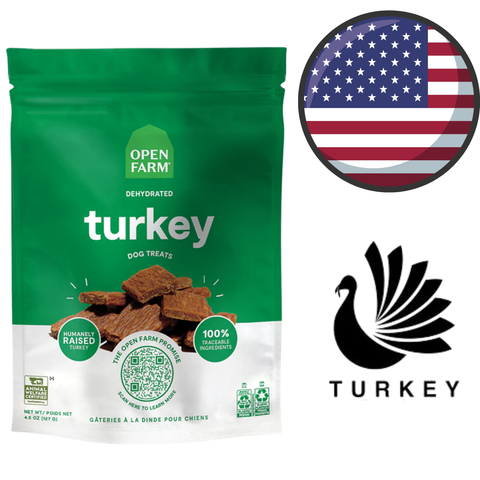 Open farm dehydrated turkey dog treats in green and white resealable bag with turkey and American flag icons