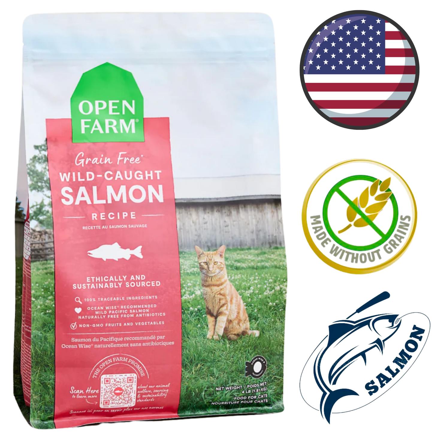 Open farm grain free salmon dry cat food with wild caught salmon recipe and ethically sourced ingredients