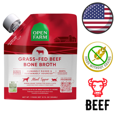 Open Farm grass-fed beef bone broth for dogs pouch with USDA certified and grain-free icons