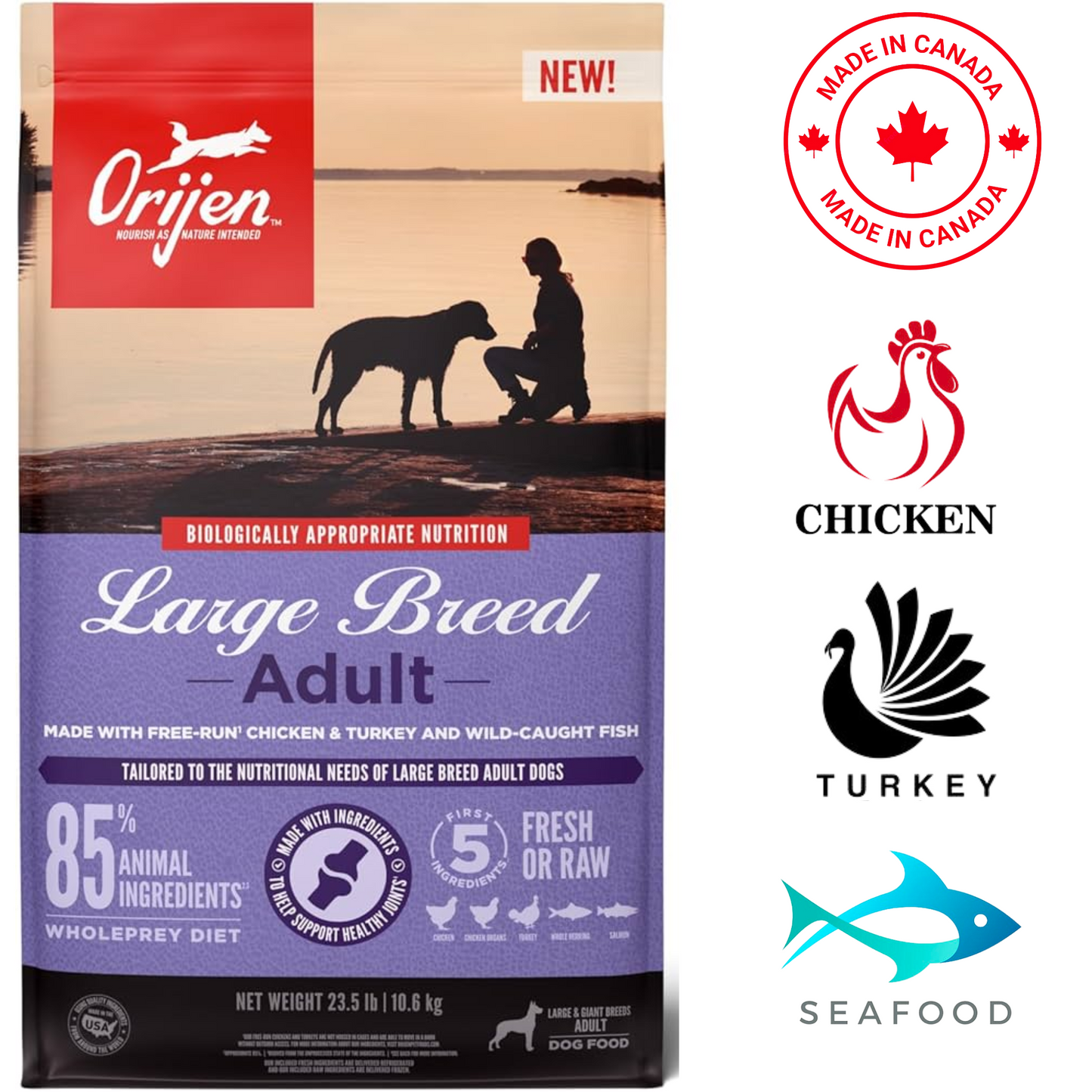 Orijen adult large breed dog food in a 23.5 lb bag featuring high-quality protein and made in Canada