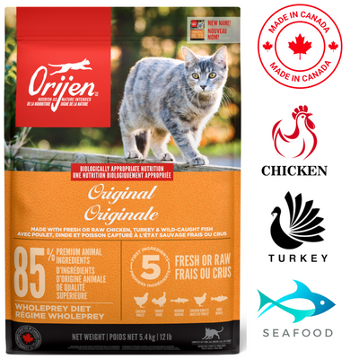 Orijen cat food original featuring high-quality ingredients like chicken and turkey for optimal nutrition
