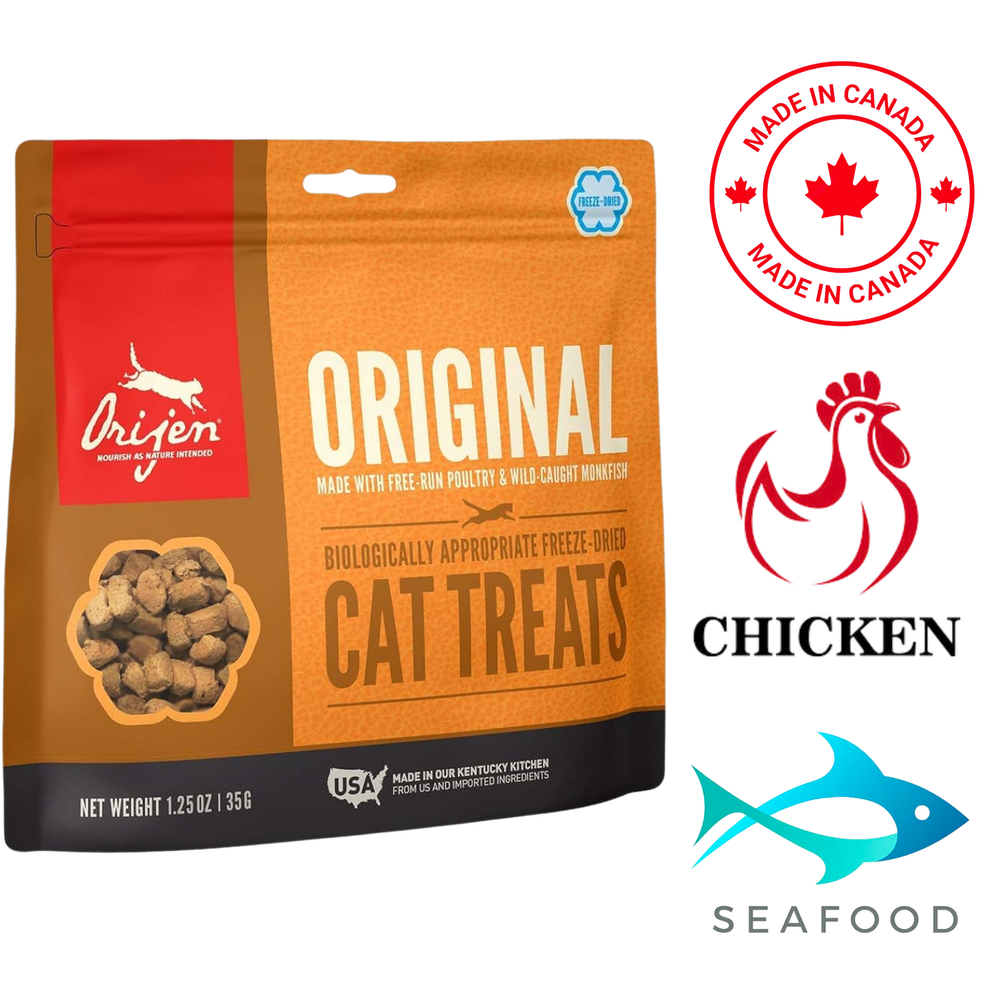 Orijen freeze dried cat treats original chicken and seafood flavor in resealable pouch